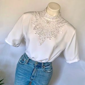 v i n t a g e :: Romantic Floral Lace High Neck Pearl Satin Blouse